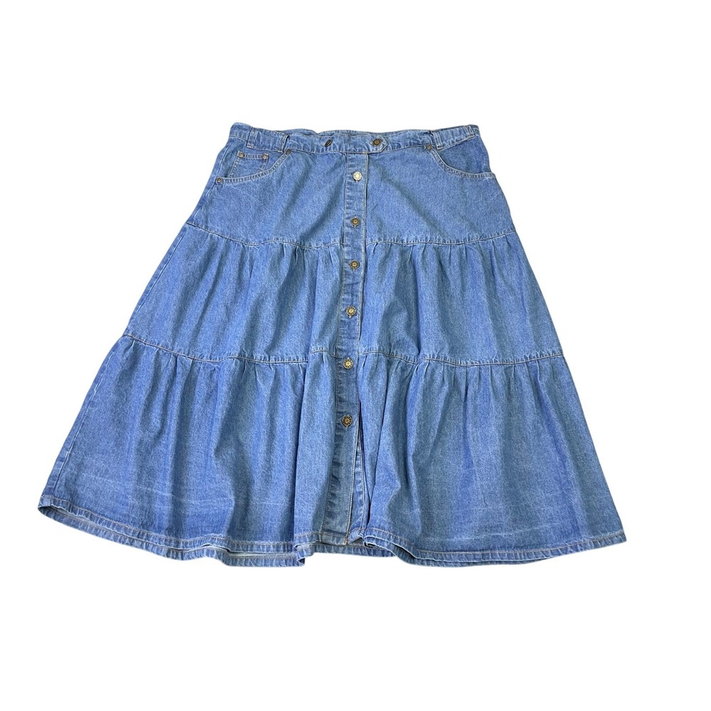 Vintage The Pyramid Collection Denim Tiered Midi Skirt Button Front 1X Cotton